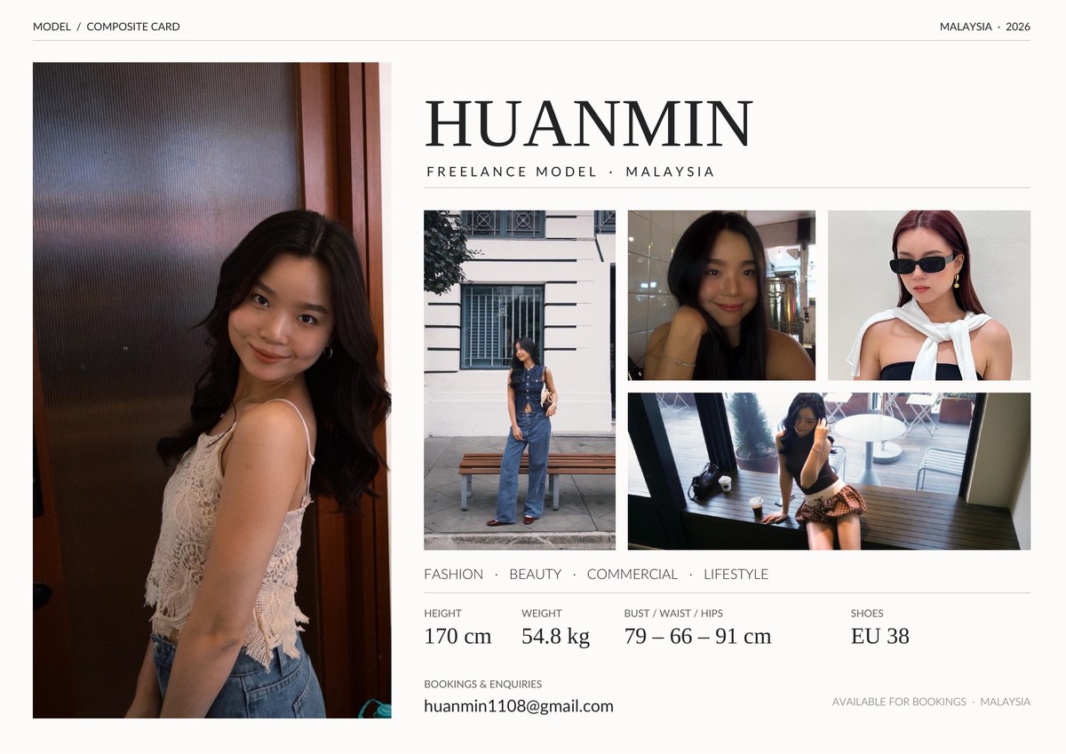 Preview of Huan Min's original landscape model comp card, with selected photographs, measurements and contact details.