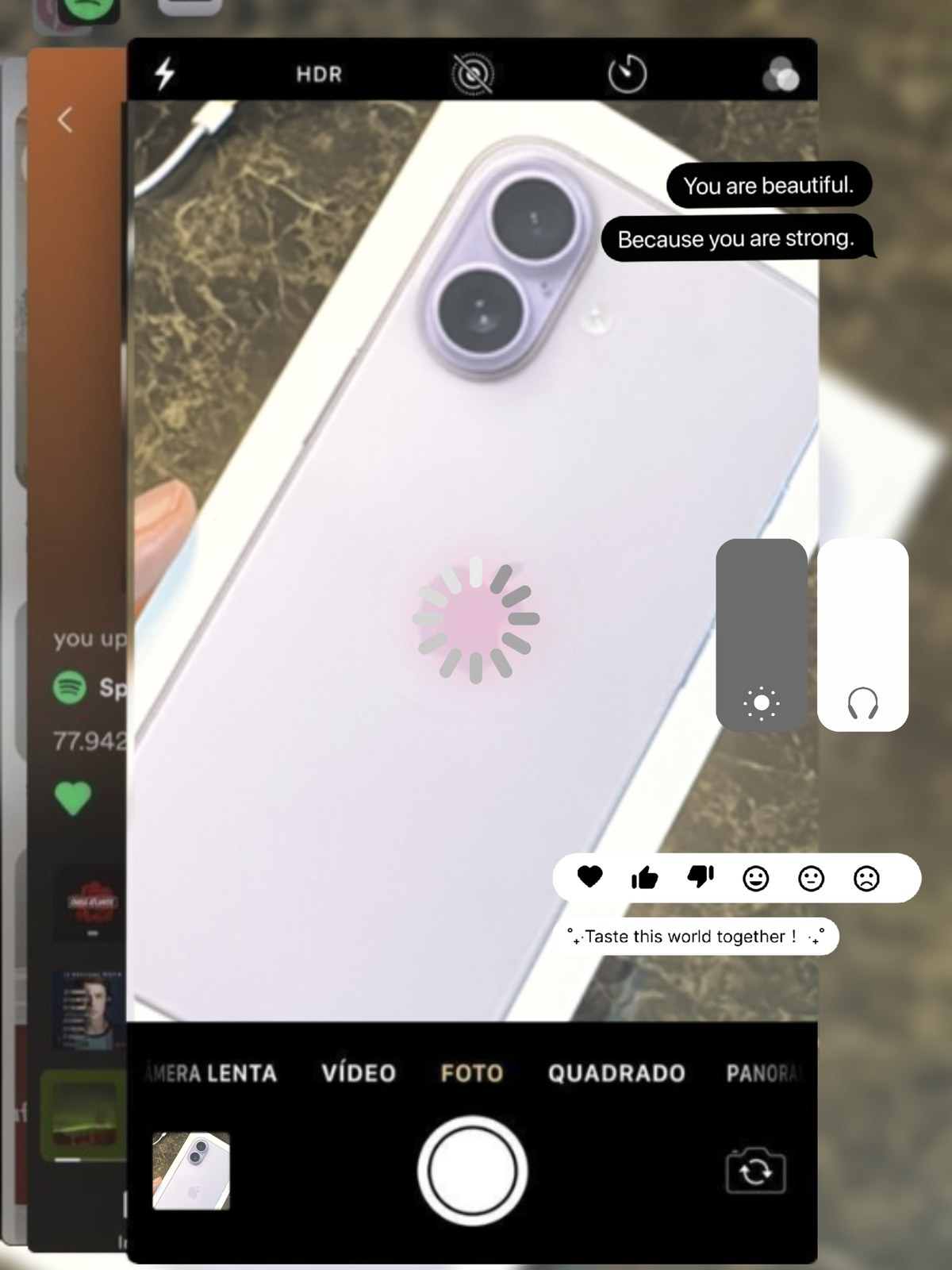 Custom iPhone unboxing cover with a lavender iPhone and playful camera-interface graphics.